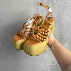 Sam Edelman Gia Sand Vachetta Platform Sandals Tan Wood Block Heel Womens 8M